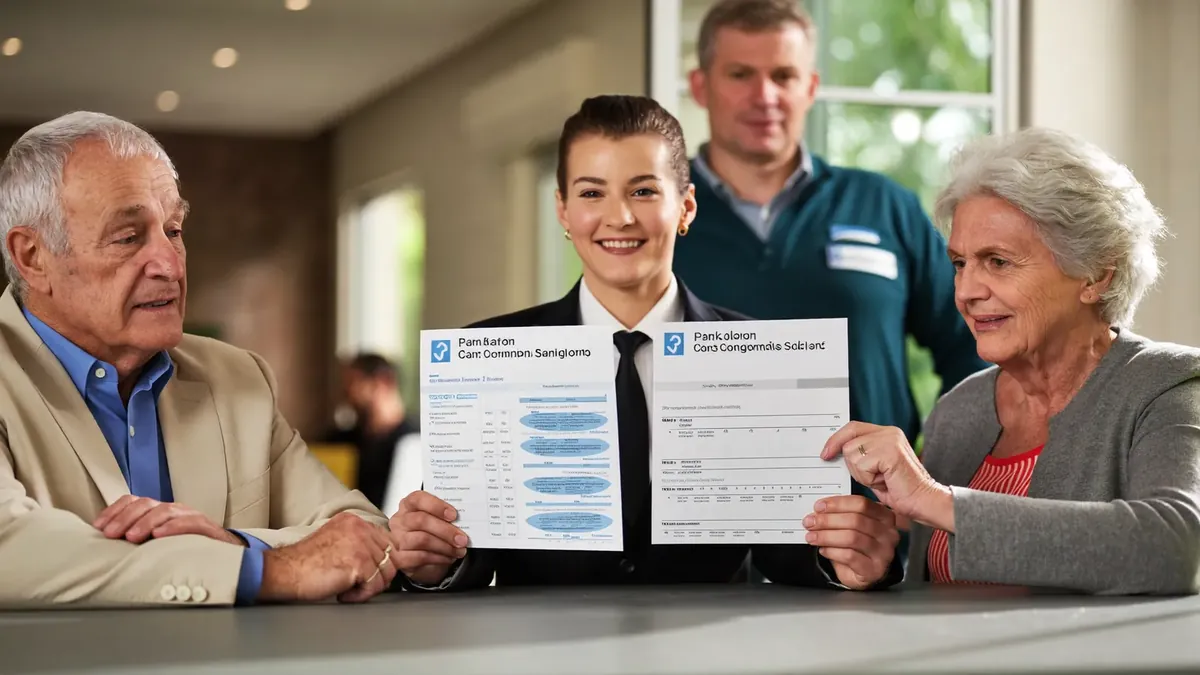 A young insurance representative showing two plan comparison sheets side by side to an older couple across a desk