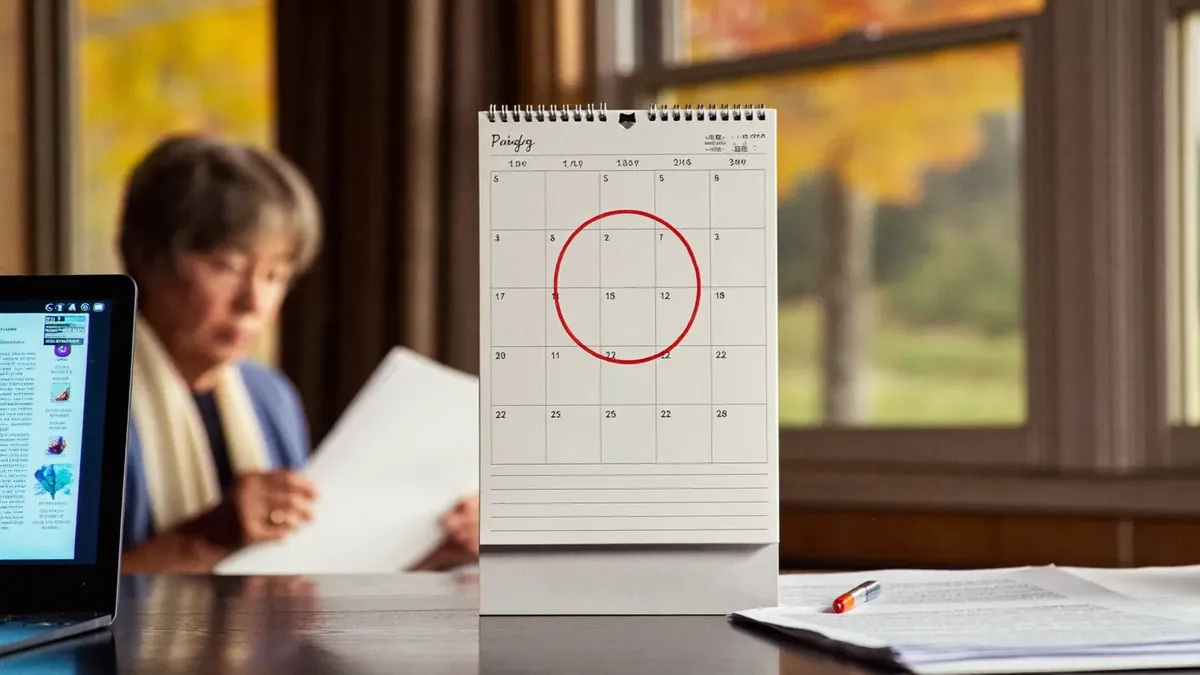 A desk calendar with a fall enrollment date circled, an older couple in the soft background reviewing papers, autumn Colorado light through the window
