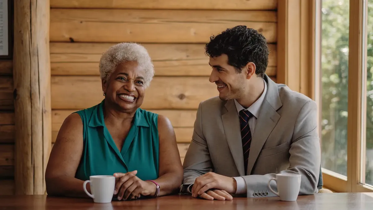 A senior couple and a young insurance broker sitting together at a table in a Colorado office, mountain view window