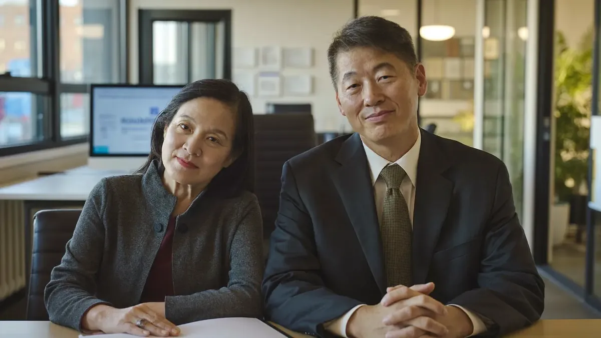 A senior couple and a young insurance broker sitting together at a table in a Colorado office, mountain view window