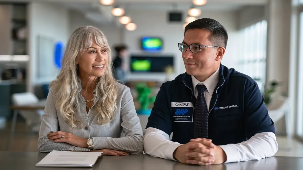 A senior couple and a young insurance broker sitting together at a table in a Colorado office, mountain view window