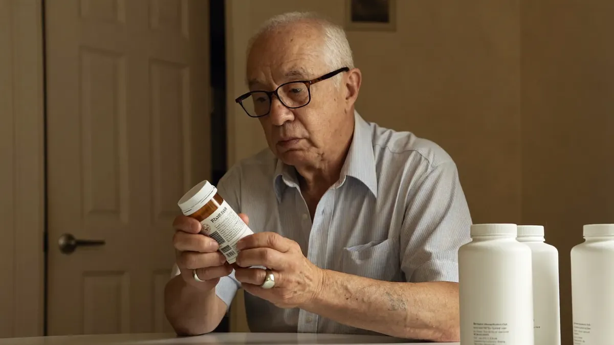 An older man reviewing his prescription bottles at the kitchen table