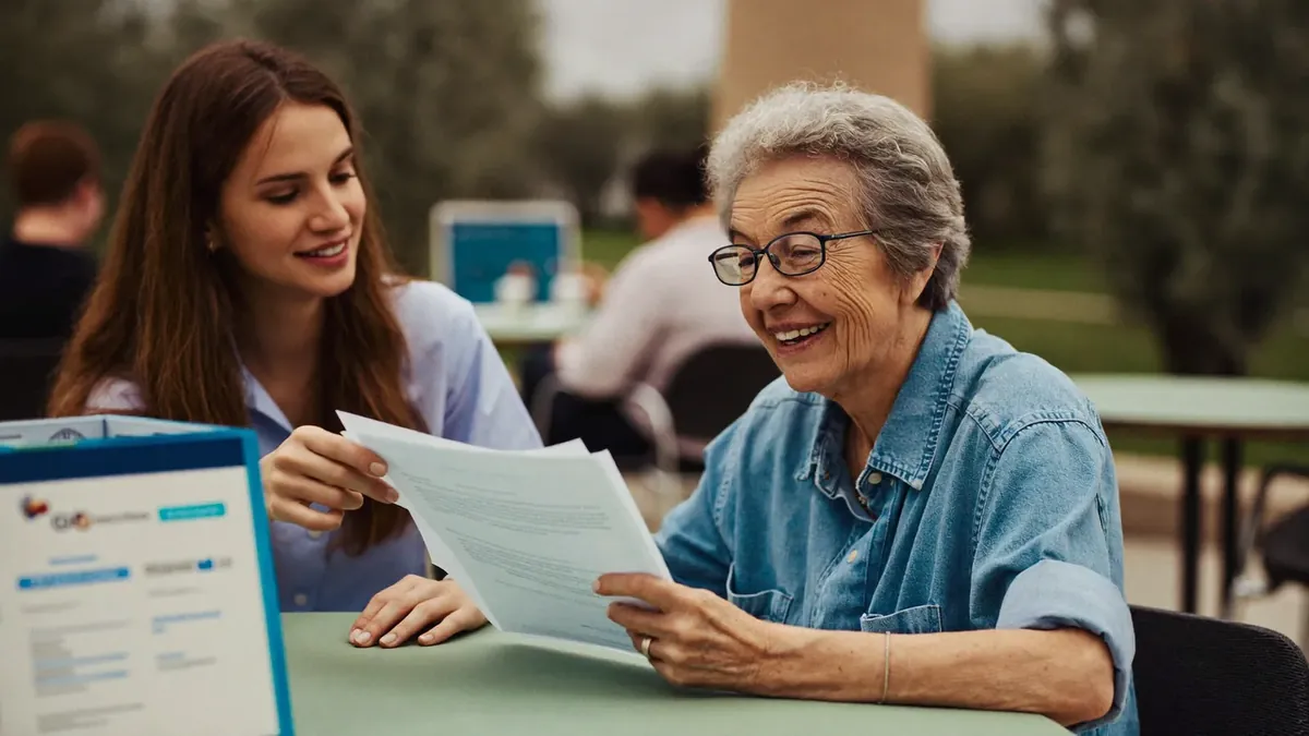 An older woman meeting a friendly young advisor at a community center table, reviewing an assistance application