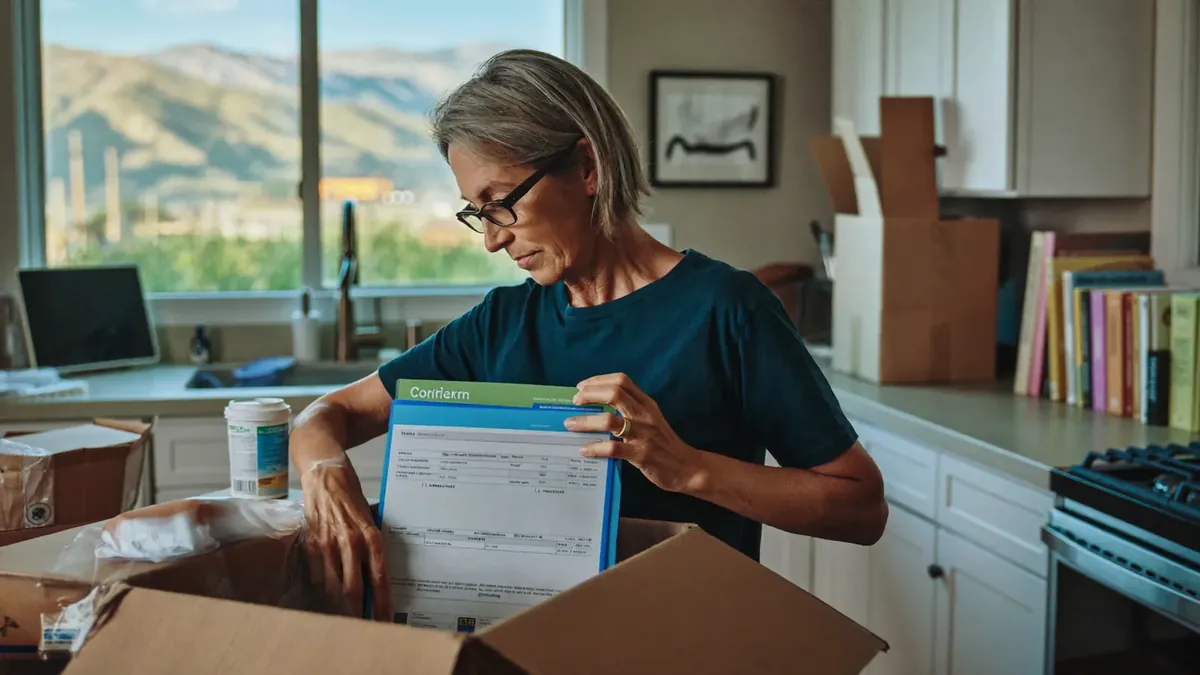 A 65 year old man about to retire, packing his office desk, with a Medicare card and a benefits folder