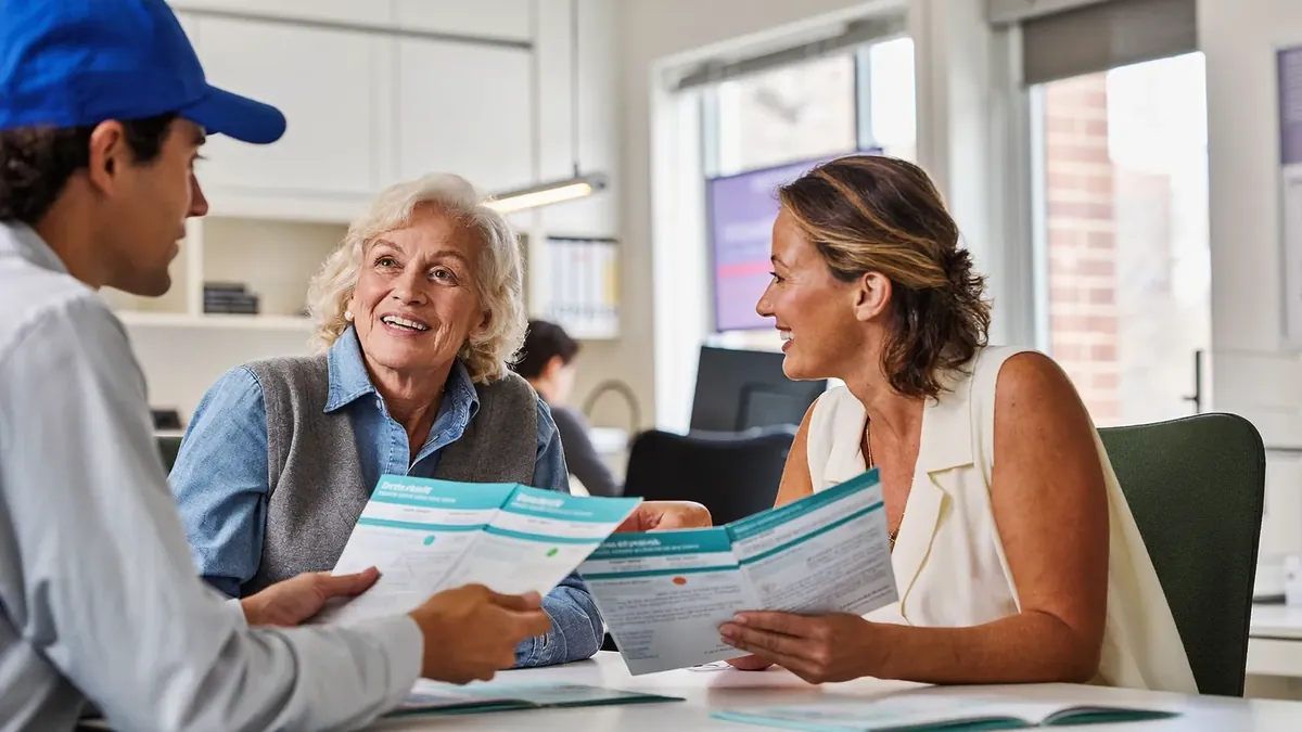 A smiling senior couple meeting a young insurance agent in a bright Broomfield office, reviewing Medicare supplement brochures