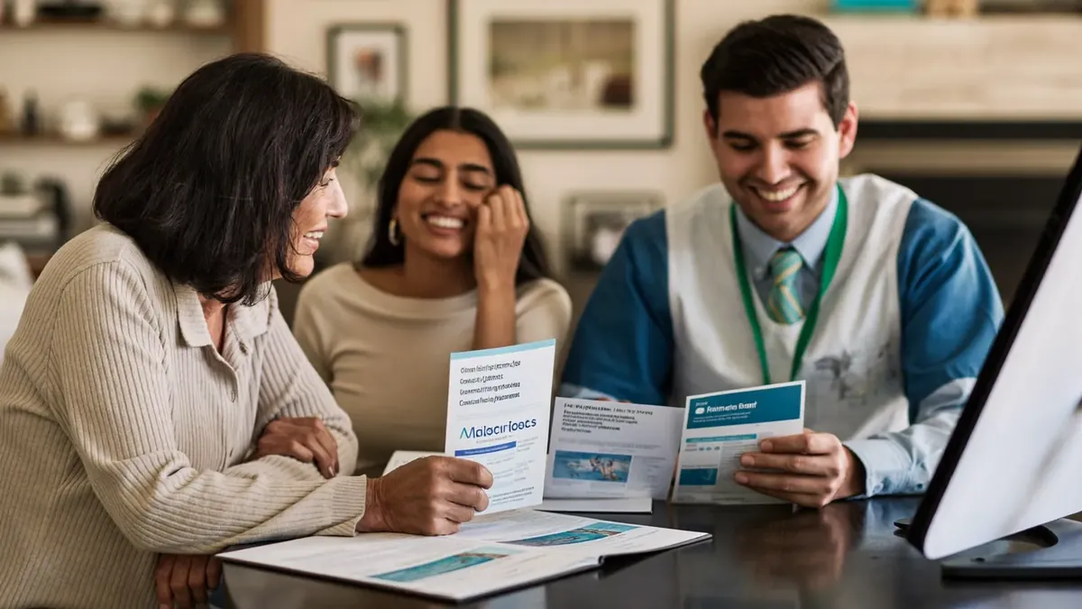 A smiling senior couple meeting a young insurance agent in a bright Broomfield office, reviewing Medicare supplement brochures