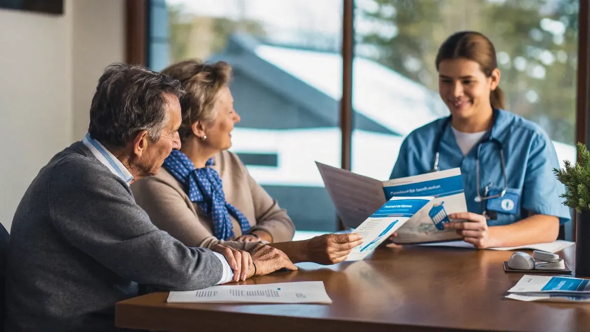 A smiling senior couple meeting a young insurance agent in a bright Broomfield office, reviewing Medicare supplement brochures