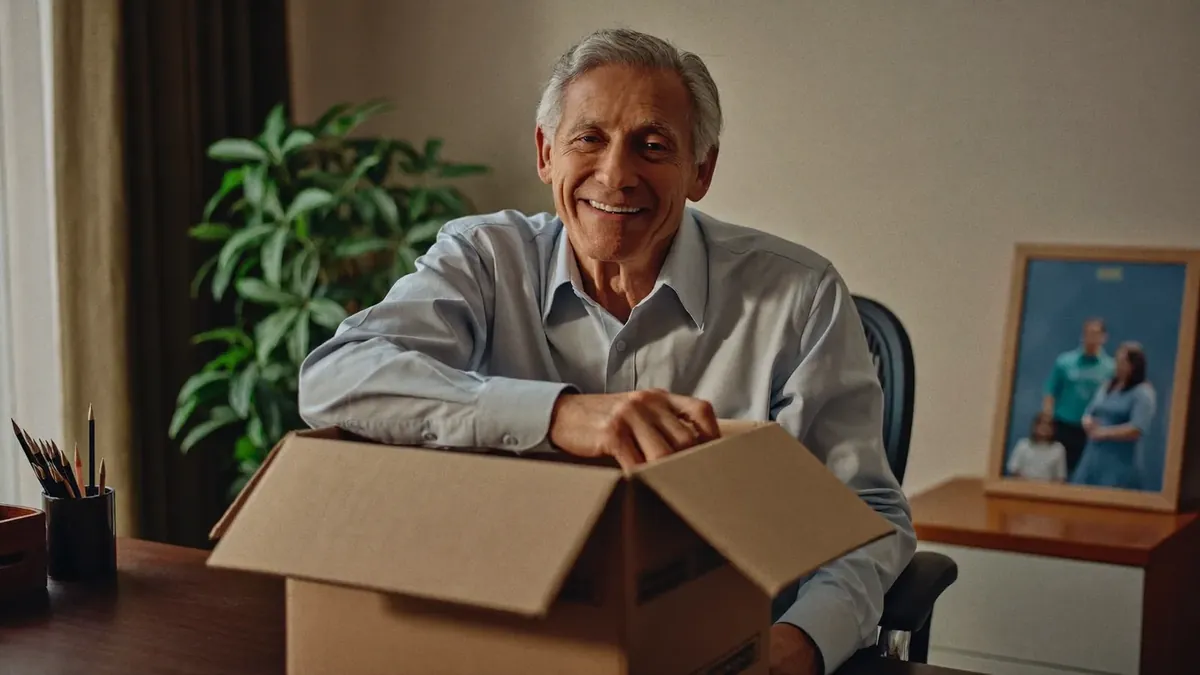 A 65-year-old man smiling as he packs up his desk on retirement day
