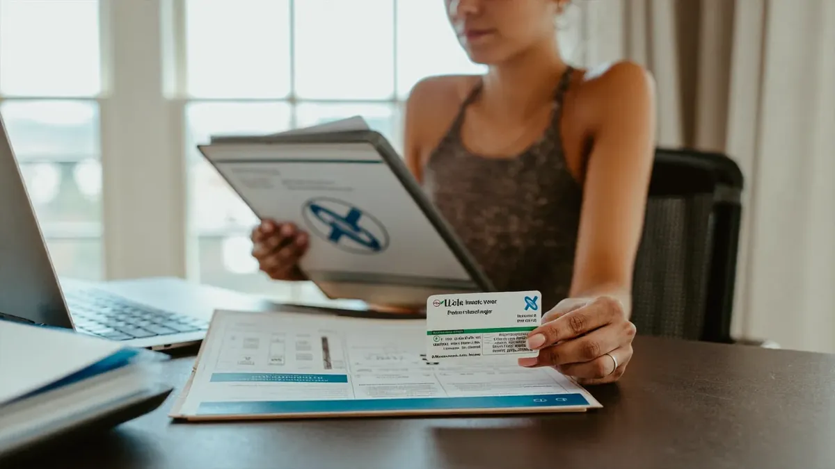 A woman in her thirties at a home desk with her health insurance card and a supplemental accident policy folder, laptop open