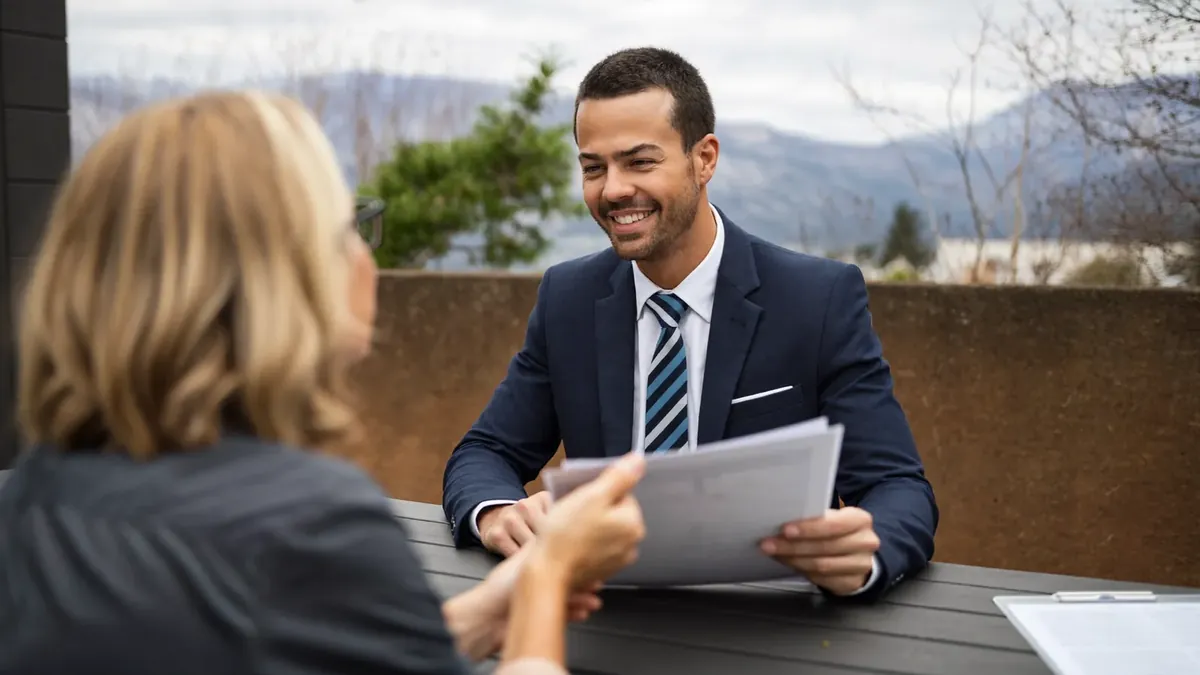 A friendly young insurance advisor helping an adult client choose a health plan in a sunny Colorado office