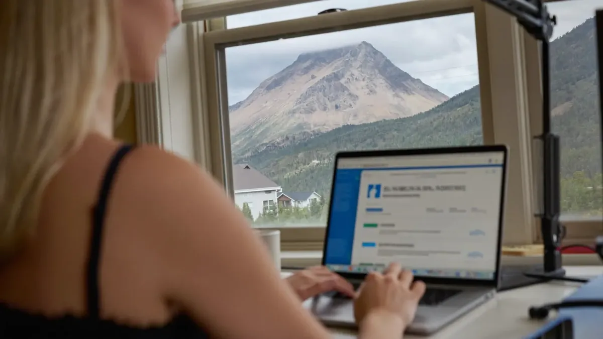 A self-employed woman working from a home office in Colorado Springs, Pikes Peak visible through the window, reviewing health plan options