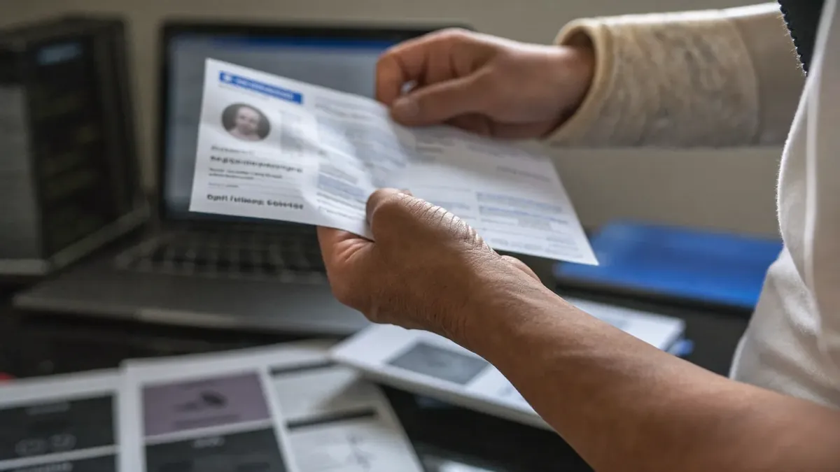 A construction worker with an arm sling at home reviewing a paycheck and a disability claim form