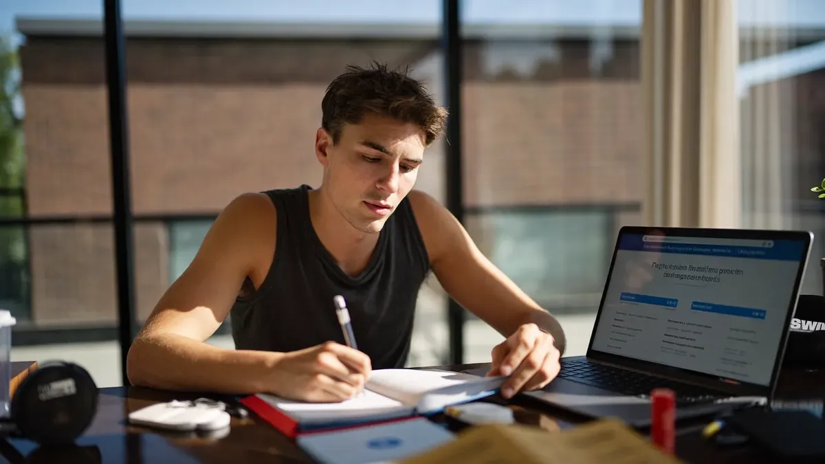 A recent college graduate between jobs reviewing short-term health insurance options on a laptop in a Denver apartment