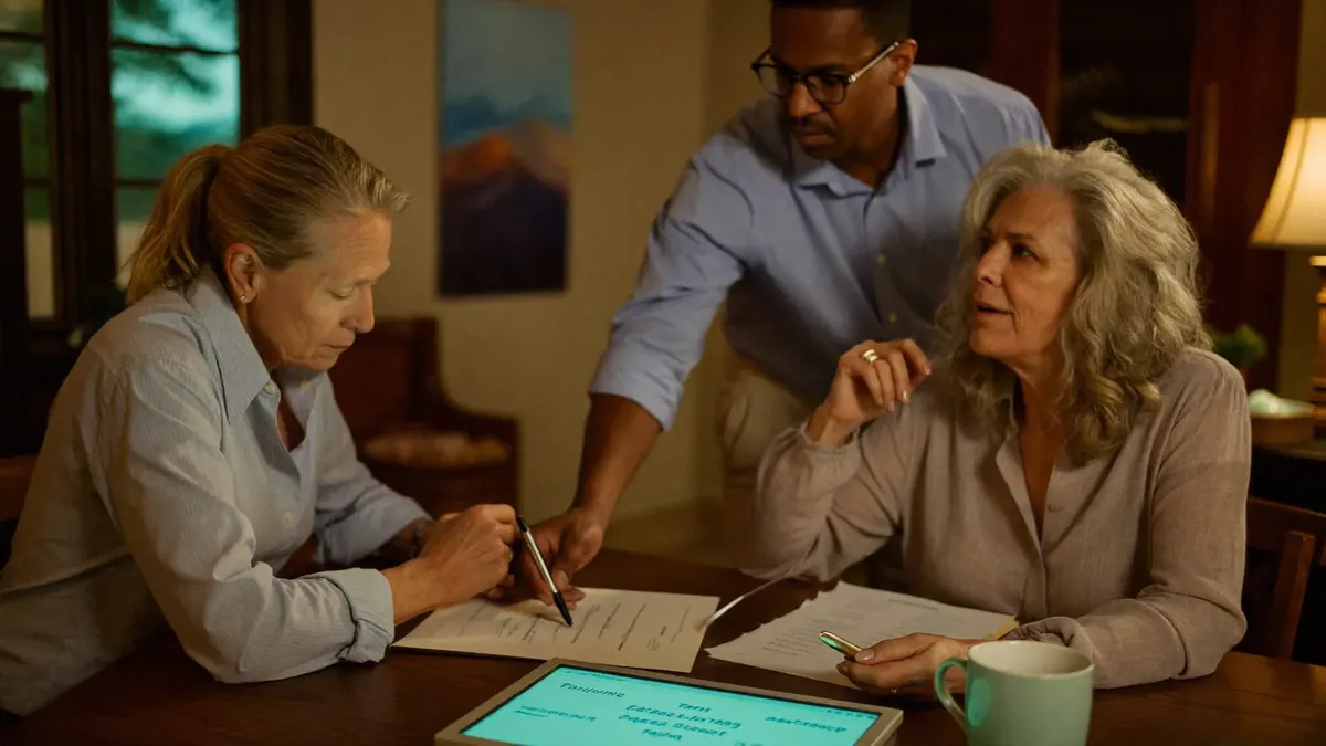 A couple in their forties at a dining table with a financial planner, calculator and two policy options on paper