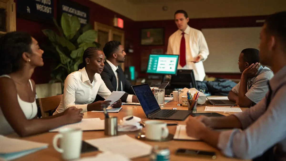 A small Colorado business team gathered around a conference table while an insurance advisor presents benefits options